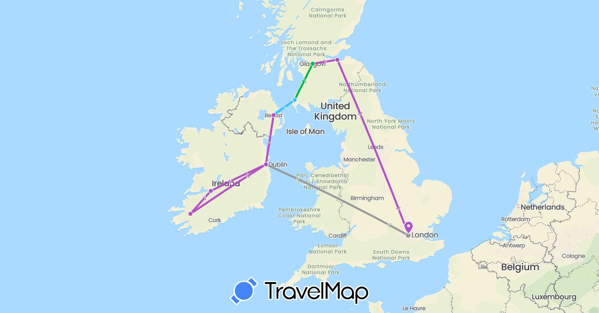TravelMap itinerary: driving, bus, plane, train, boat in United Kingdom, Ireland (Europe)